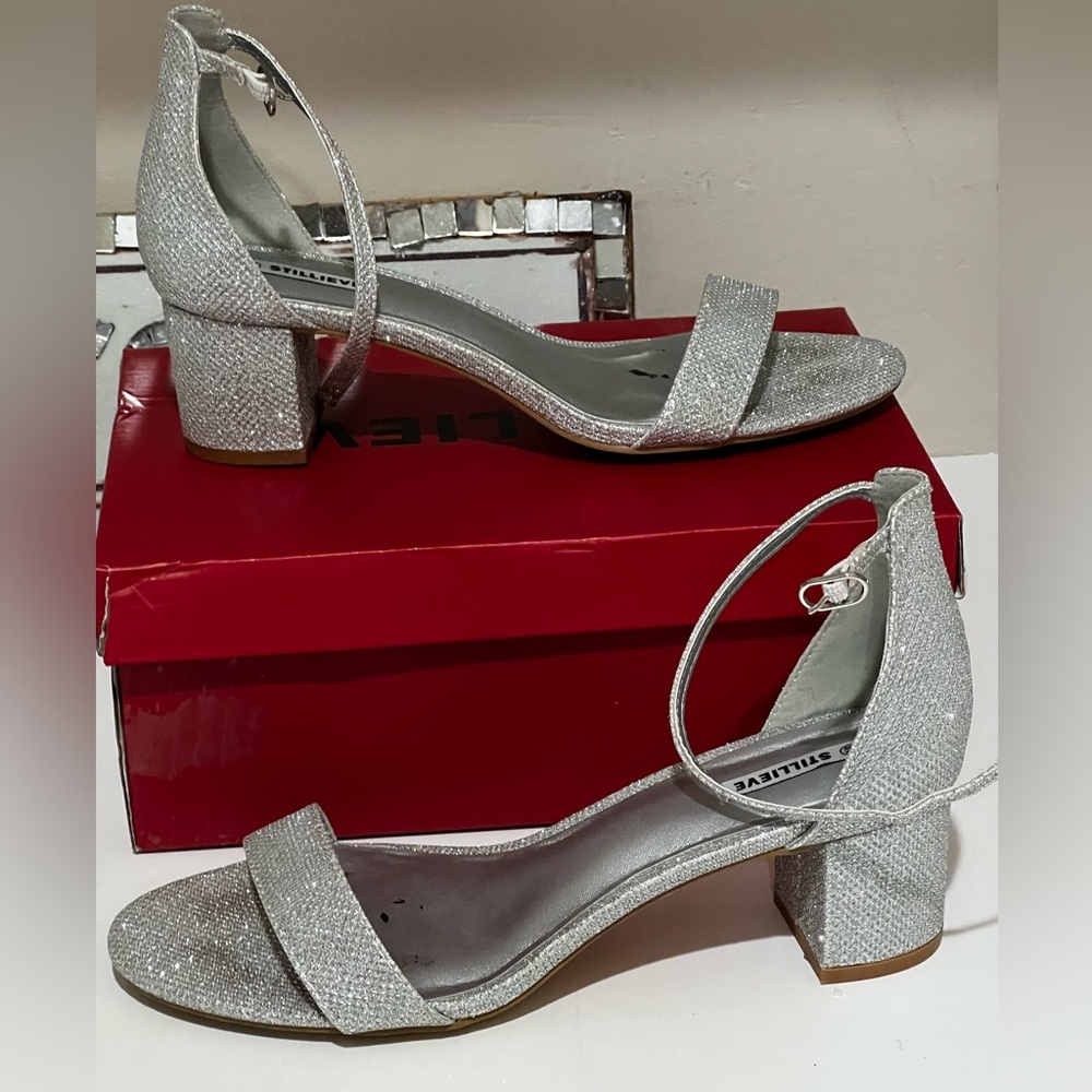 Silver sparkly, shiny ankle strap heels
